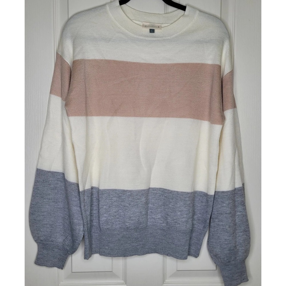 alredine Ivory Beige Gray Knit Pullover Sweater Colorblock Striped Crew L Women